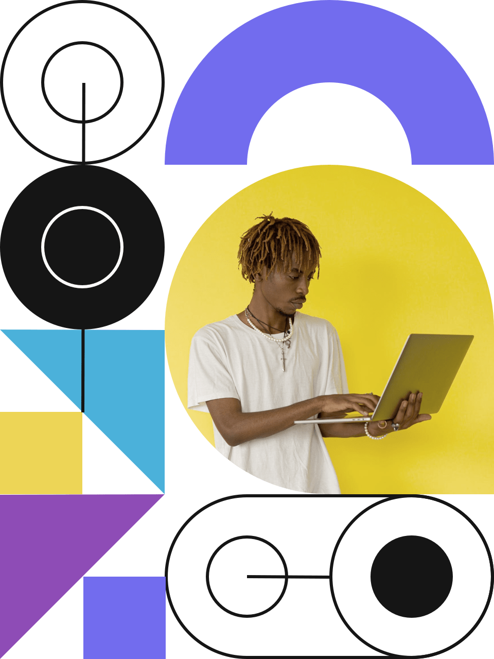 Hero of the site. Holding a laptop with abstract art behind him.