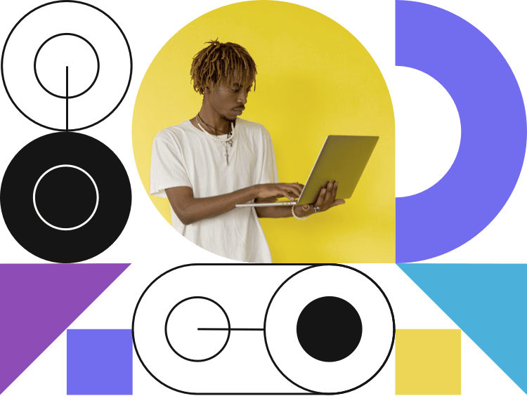 Hero of the site. Holding a laptop with abstract art behind him.